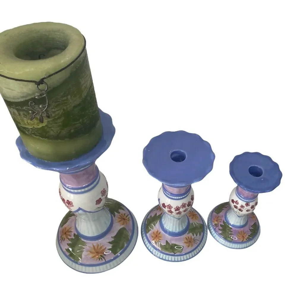 Capriware 3-Piece Pillar Candleholder Set Blue Purple Floral Hand Painted VTG